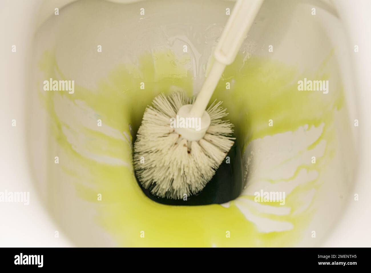 Una nuova interpretazione dell'attività non così elegante di pulizia del water, questa foto mostra la precisione e l'efficienza di una spazzola per wc Foto Stock