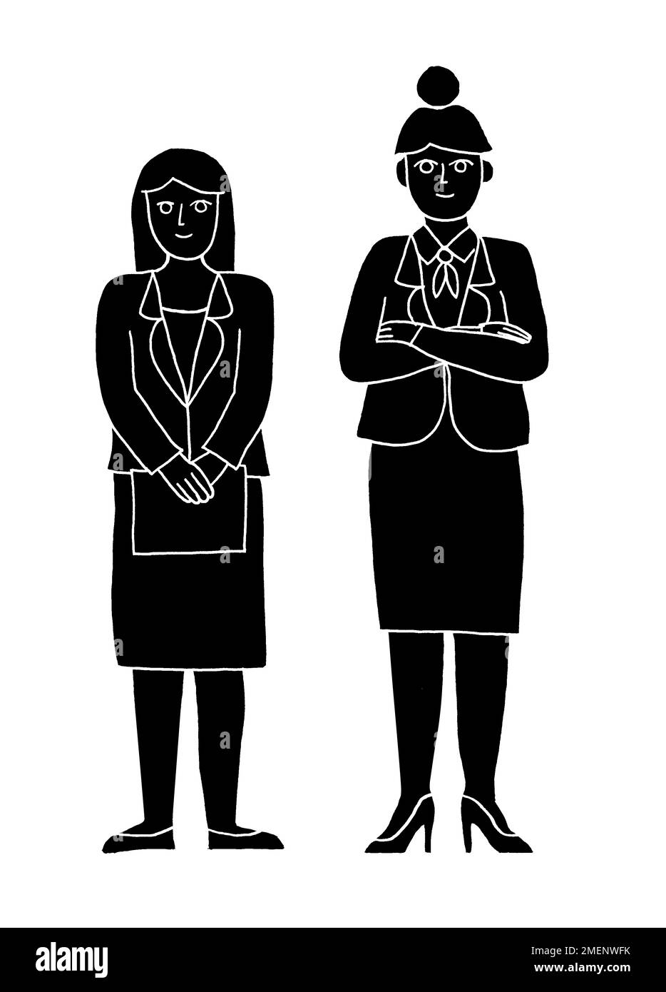 Illustrazione in bianco e nero di due donne d'affari in piedi l'una accanto all'altra, una dowdy e una power-dressed Foto Stock