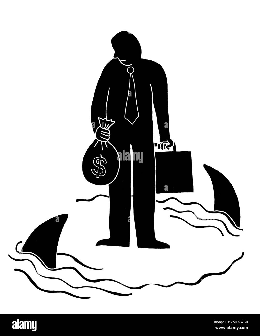 Illustrazione in bianco e nero dell'uomo che è circondato dagli squali mentre tiene una valigetta e una borsa di soldi Foto Stock