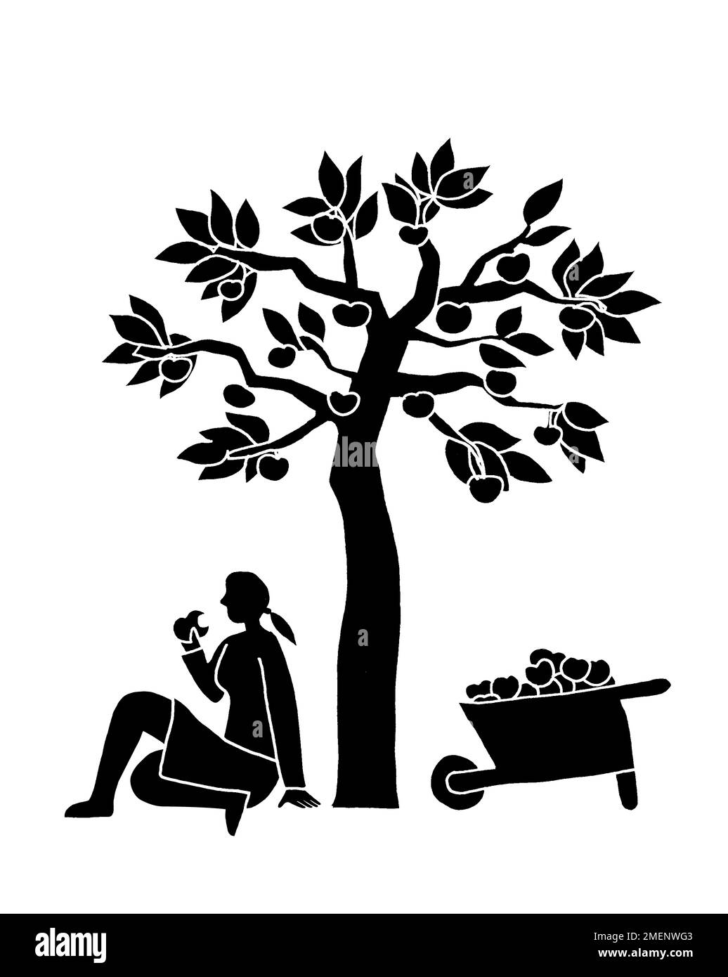 Immagine in bianco e nero di una donna seduta sotto un albero di mele che mangia una mela Foto Stock