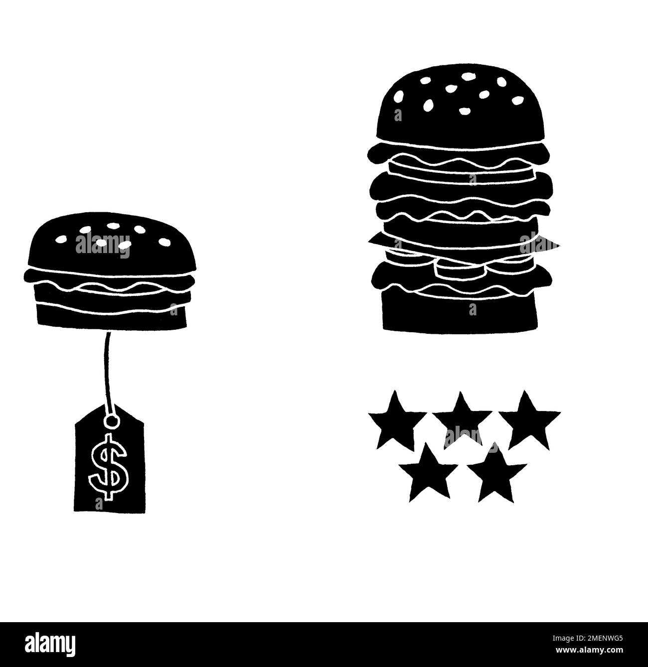 Illustrazione in bianco e nero del confronto hamburger, a buon mercato vs costoso Foto Stock