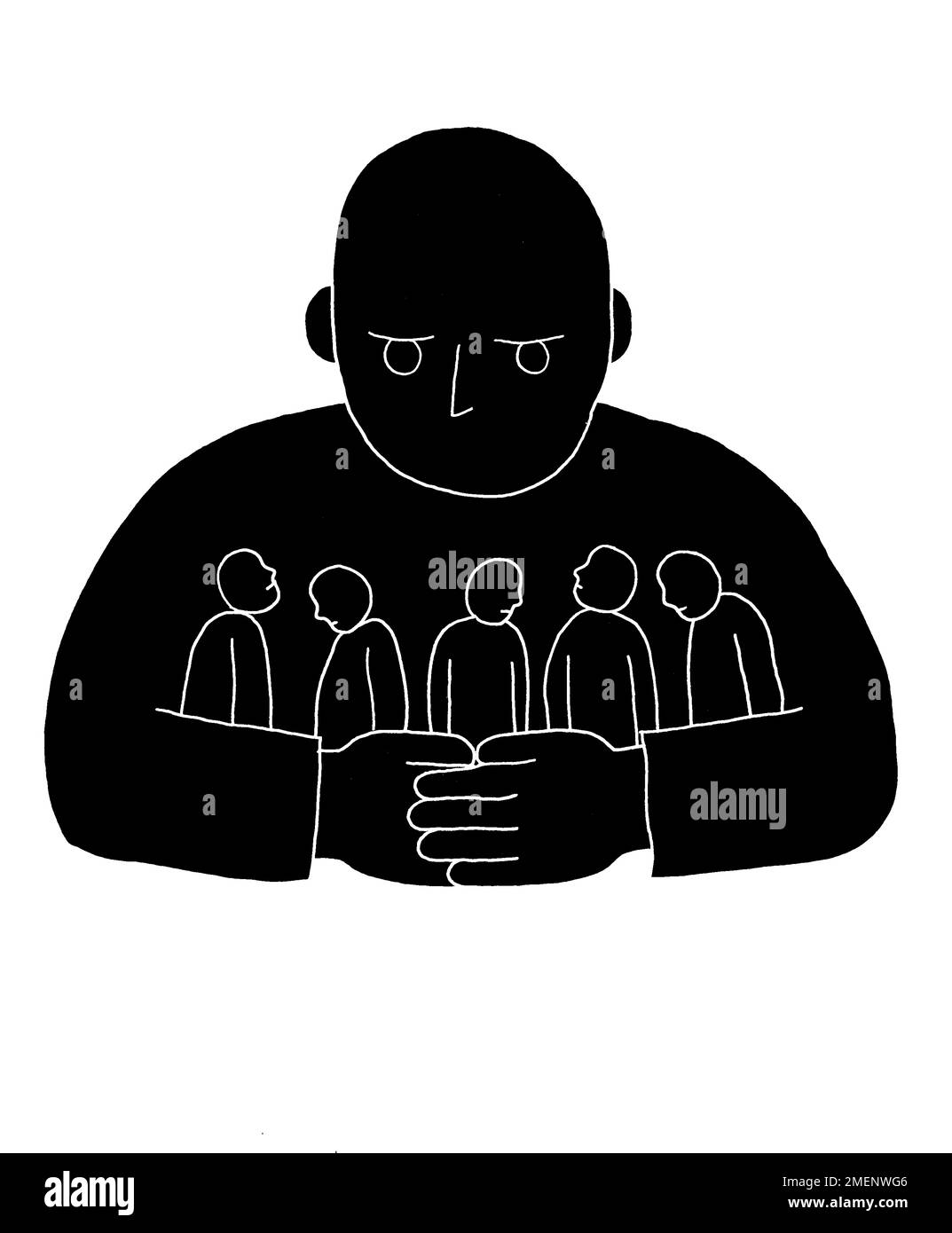 Illustrazione in bianco e nero di una grande figura che tiene figure più piccole tra le braccia guardando verso il basso su di loro Foto Stock