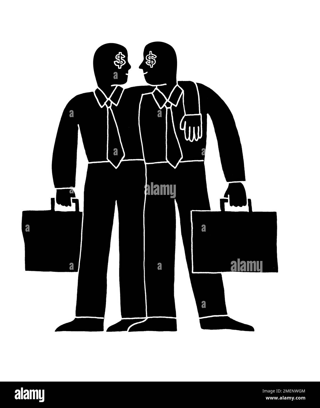 Illustrazione in bianco e nero di due uomini con le braccia l'uno intorno all'altro, con segni di dollaro per gli occhi Foto Stock