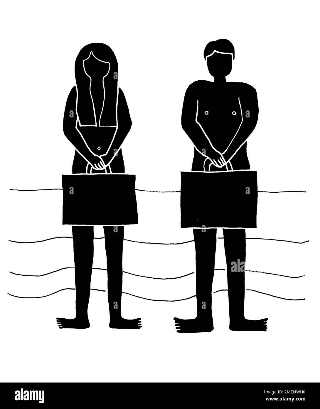 Illustrazione in bianco e nero di un uomo e di una donna in piedi in acqua usando le valigette per coprirsi Foto Stock