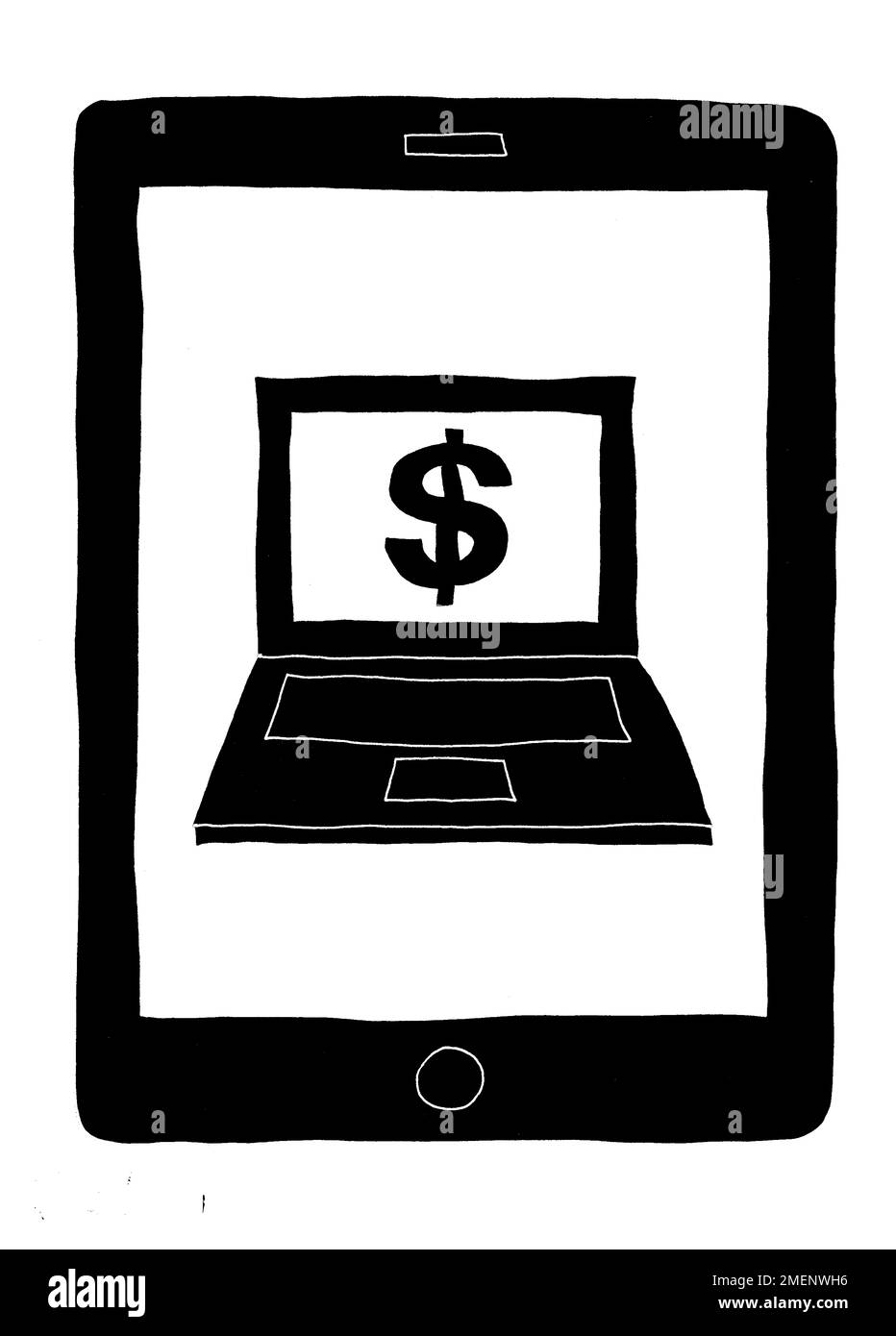Immagine in bianco e nero del dispositivo tablet con notebook e simbolo del dollaro sovrapposti sullo schermo Foto Stock