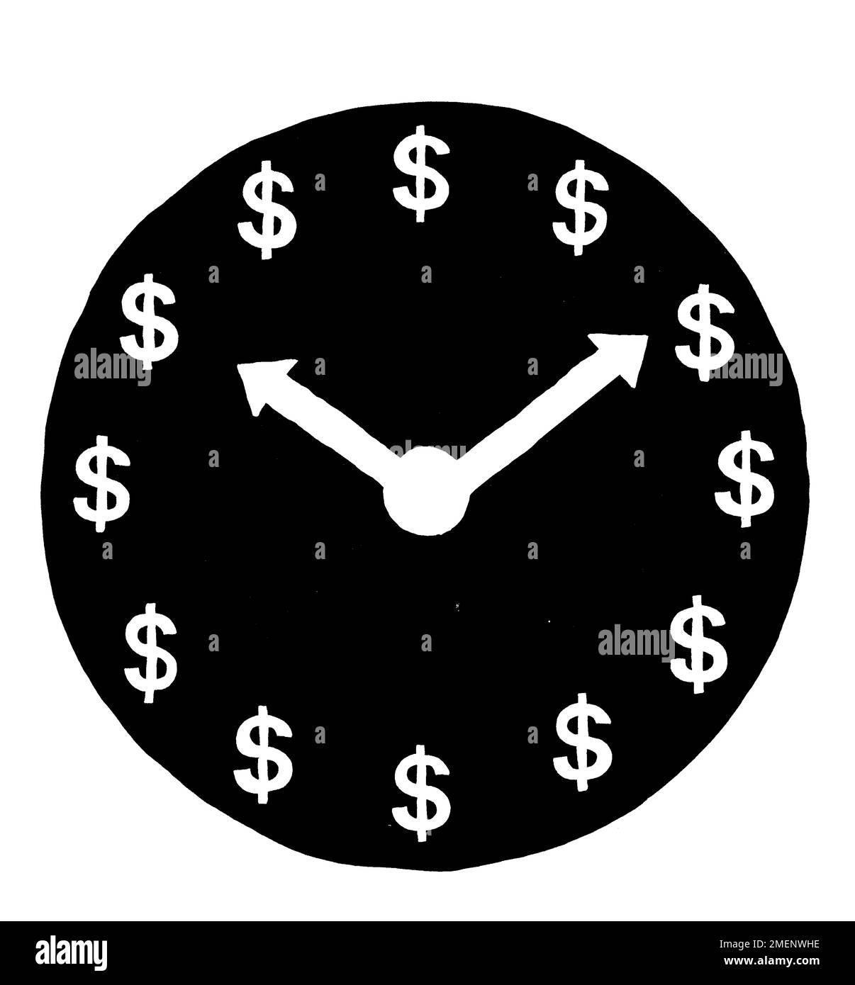 Illustrazione in bianco e nero del quadrante dell'orologio con segni in dollari invece di numeri Foto Stock