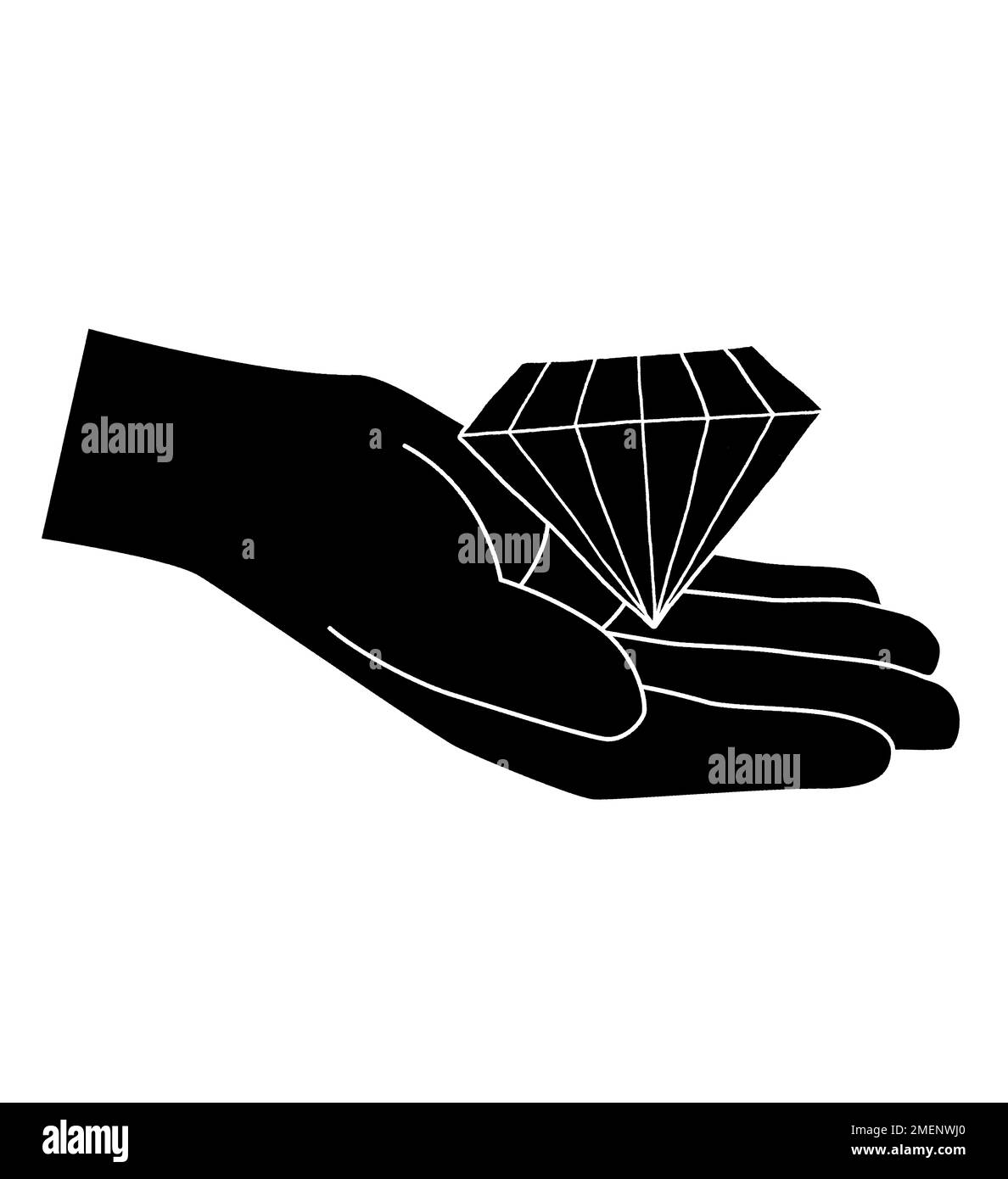 Immagine in bianco e nero del diamante seduto nel palmo della mano Foto Stock