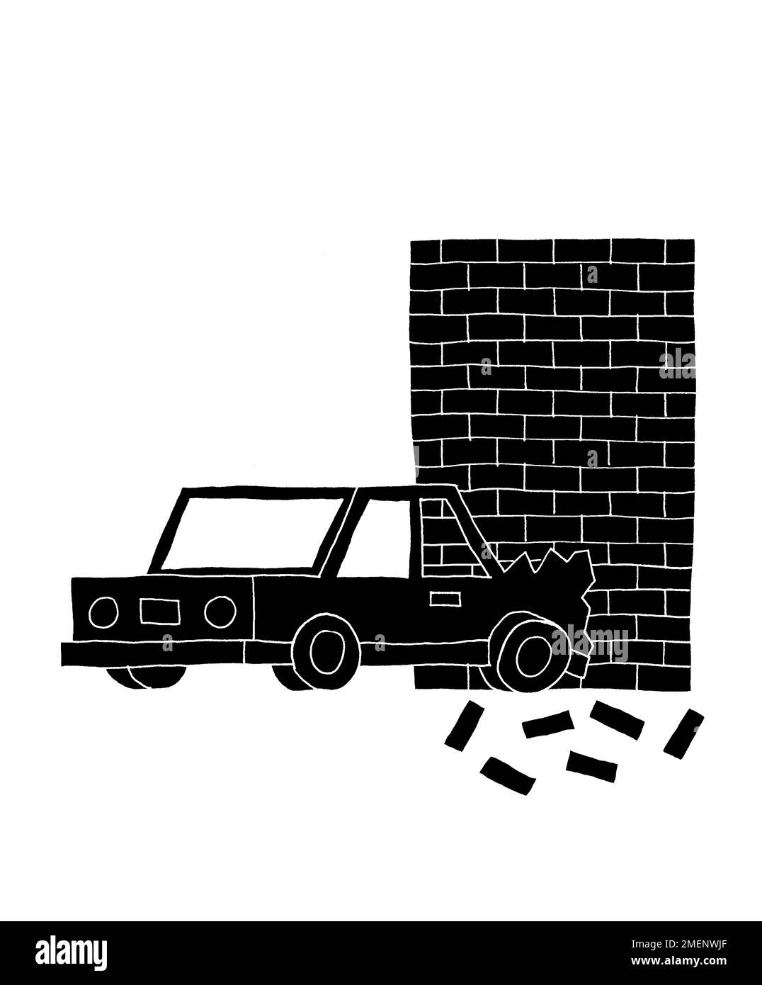 Immagine in bianco e nero di un'auto che si inserisce in un muro di mattoni Foto Stock