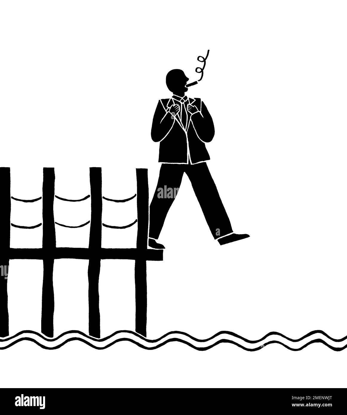 Illustrazione in bianco e nero di un uomo che cammina fuori da un molo in procinto di immergersi nell'acqua sottostante Foto Stock