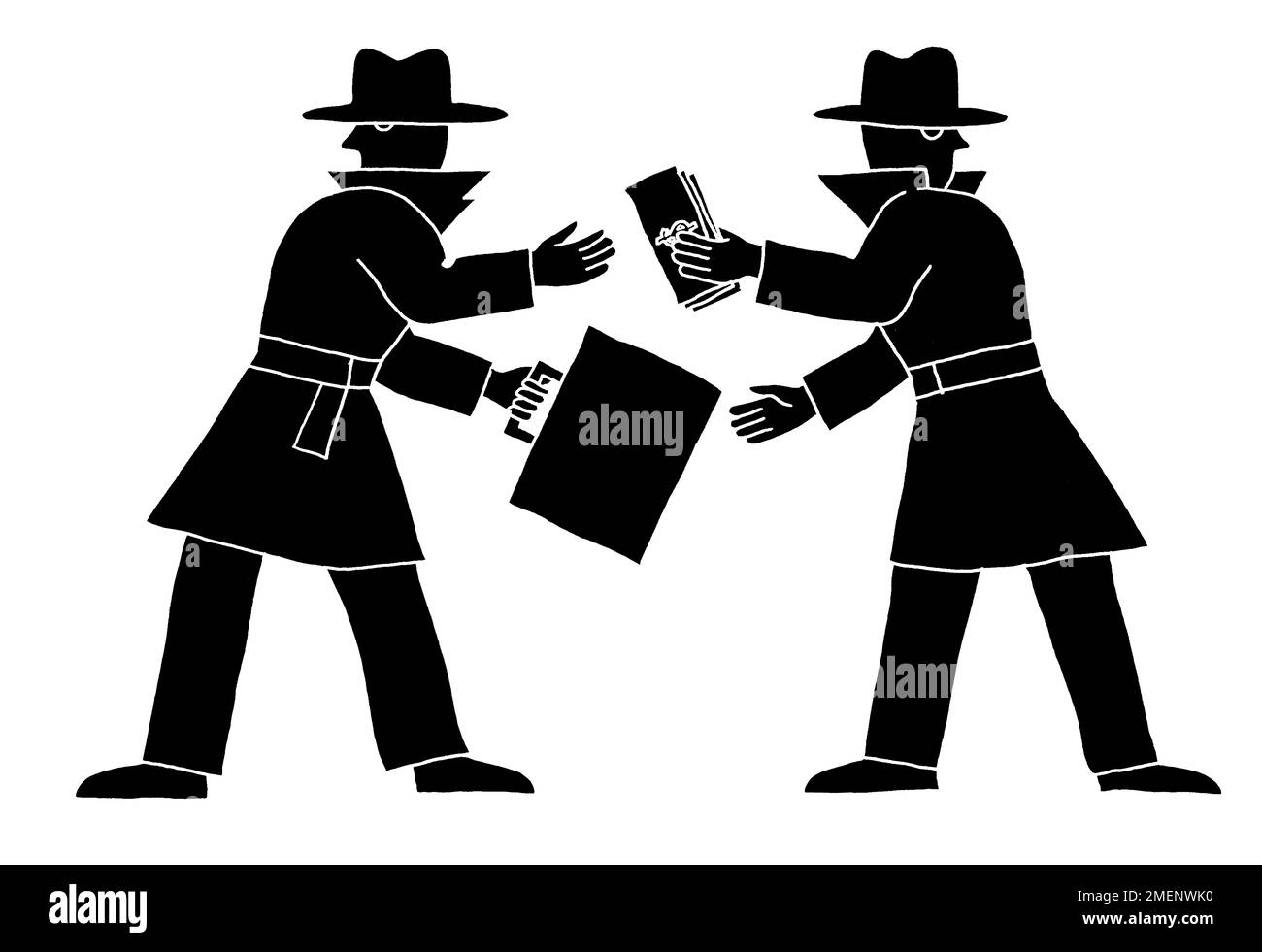 Immagine in bianco e nero di due uomini che scambiano una valigia per denaro Foto Stock