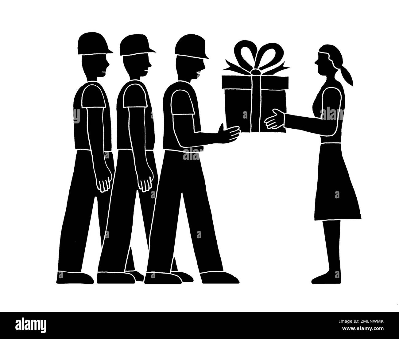 Illustrazione in bianco e nero di lavoratori che hanno consegnato un regalo da una donna Foto Stock