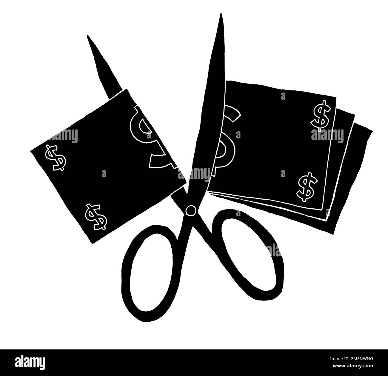 Illustrazione in bianco e nero delle forbici che tagliano le note del dollaro Foto Stock