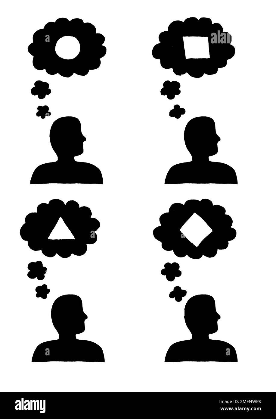 Illustrazione in bianco e nero quattro teste ciascuna con una bolla di pensiero che contiene una forma diversa Foto Stock