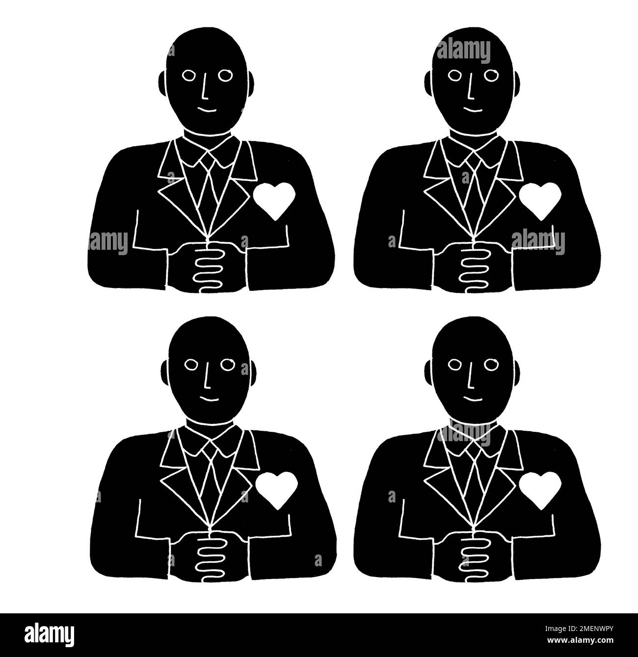 Illustrazione in bianco e nero di quattro uomini con il cuore sul loro petto Foto Stock
