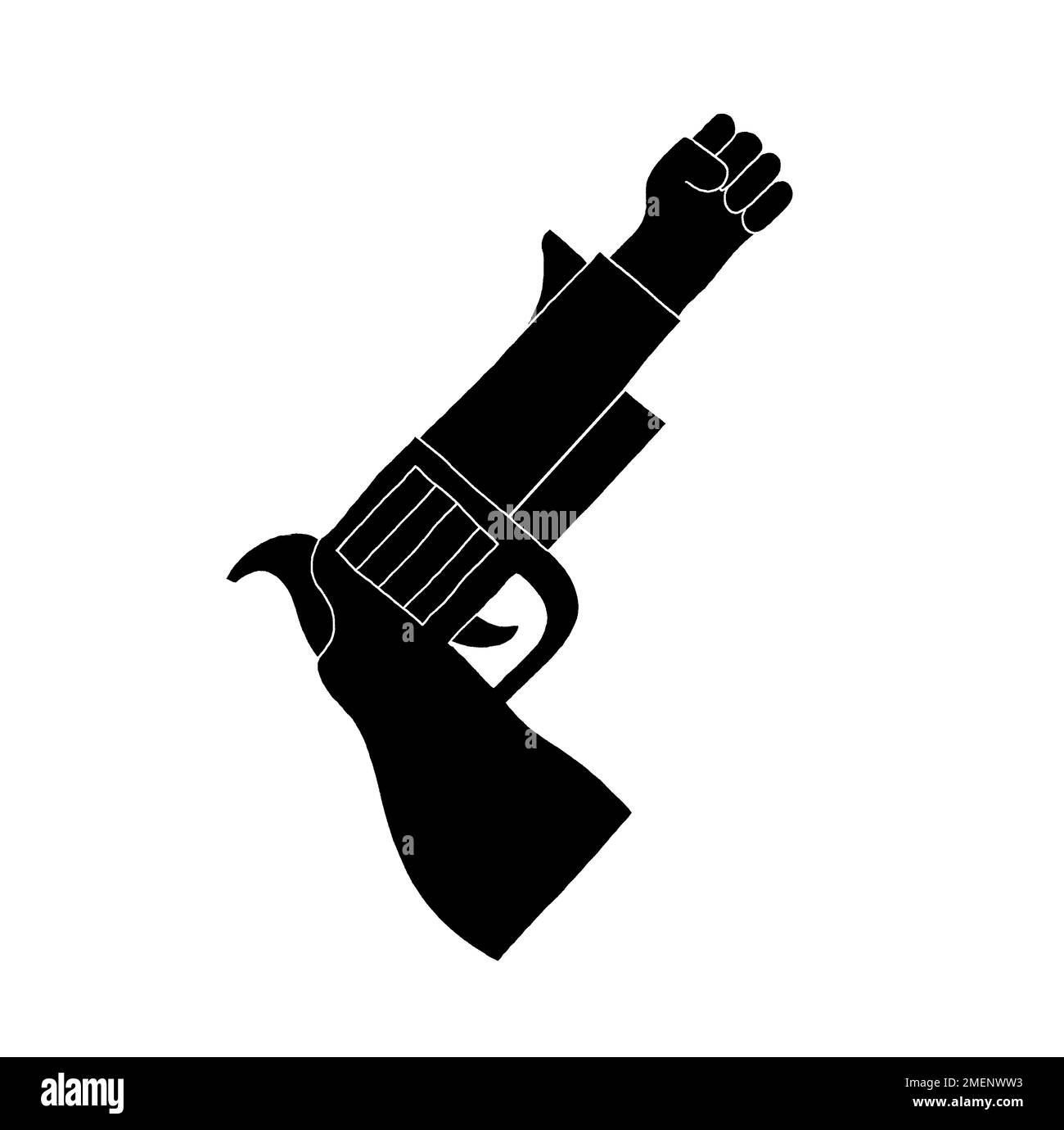 Illustrazione in bianco e nero del pugno che esce da una pistola, che illustra la convinzione di Mao che il potere politico cresce fuori dal barile di una pistola Foto Stock