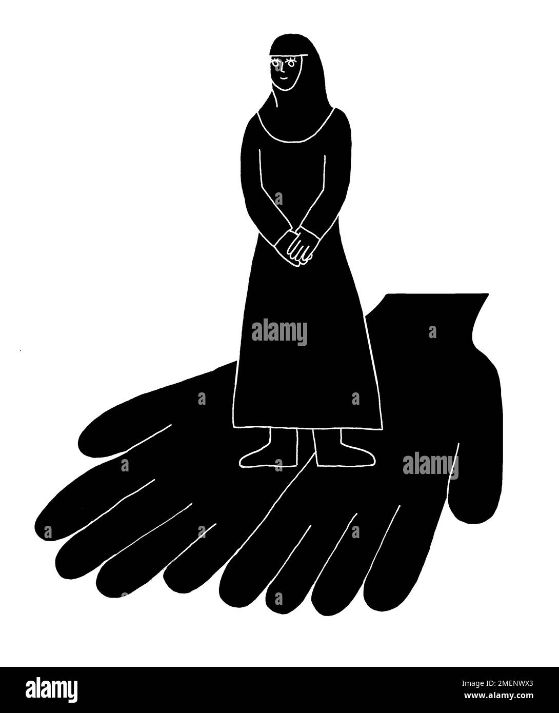 Illustrazione in bianco e nero di mani che detengono la figura di un muscima, che illustra la convinzione di Shirin Ebadi che nessuna legge islamica dice violi i diritti delle donne Foto Stock