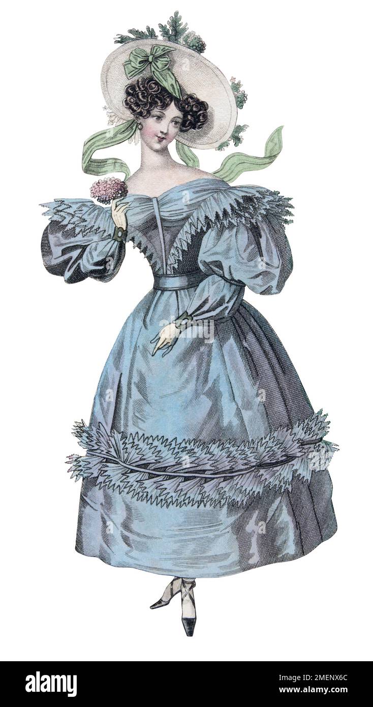 Abito da cena con corpetto vandyked (bordato a zig-zag) che forma una larga 'V' alla minuscola vita. Il vestito ha una tromba asimmetrica e pizzicata che si snoda lungo una linea a righe sulla gonna. La sua lunghezza ridotta rivela scarpe da interni con lacci alti, 1828-1829 Foto Stock