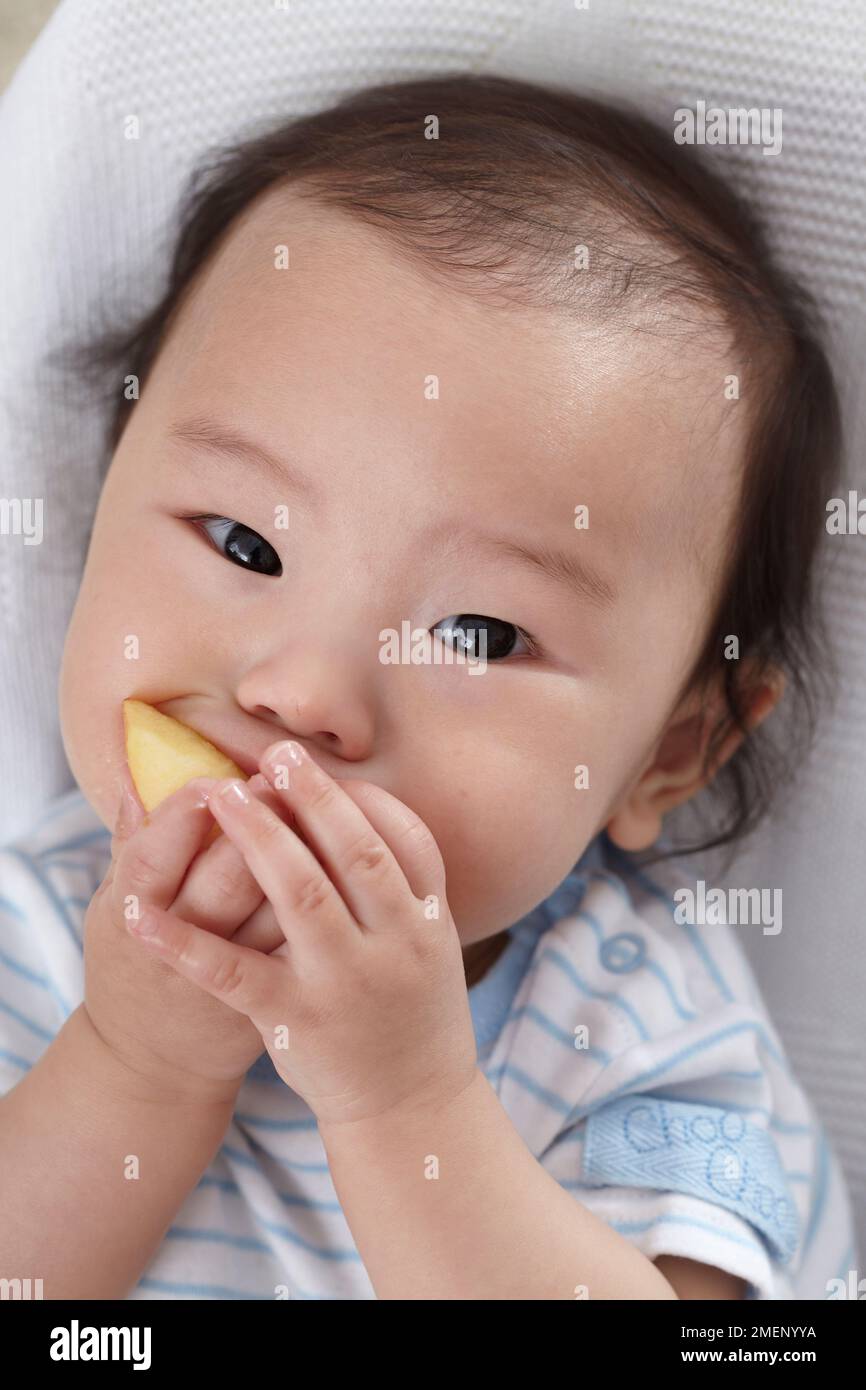 Bambino (6 mesi) che mangia un piccolo pezzo di mela, primo piano Foto Stock