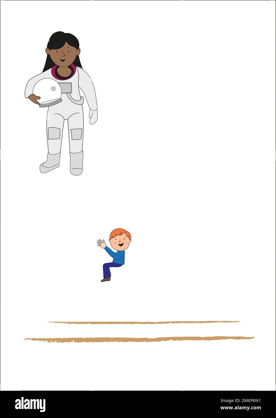 Illustrazione di una ragazza astronauta e di un ragazzo Foto Stock