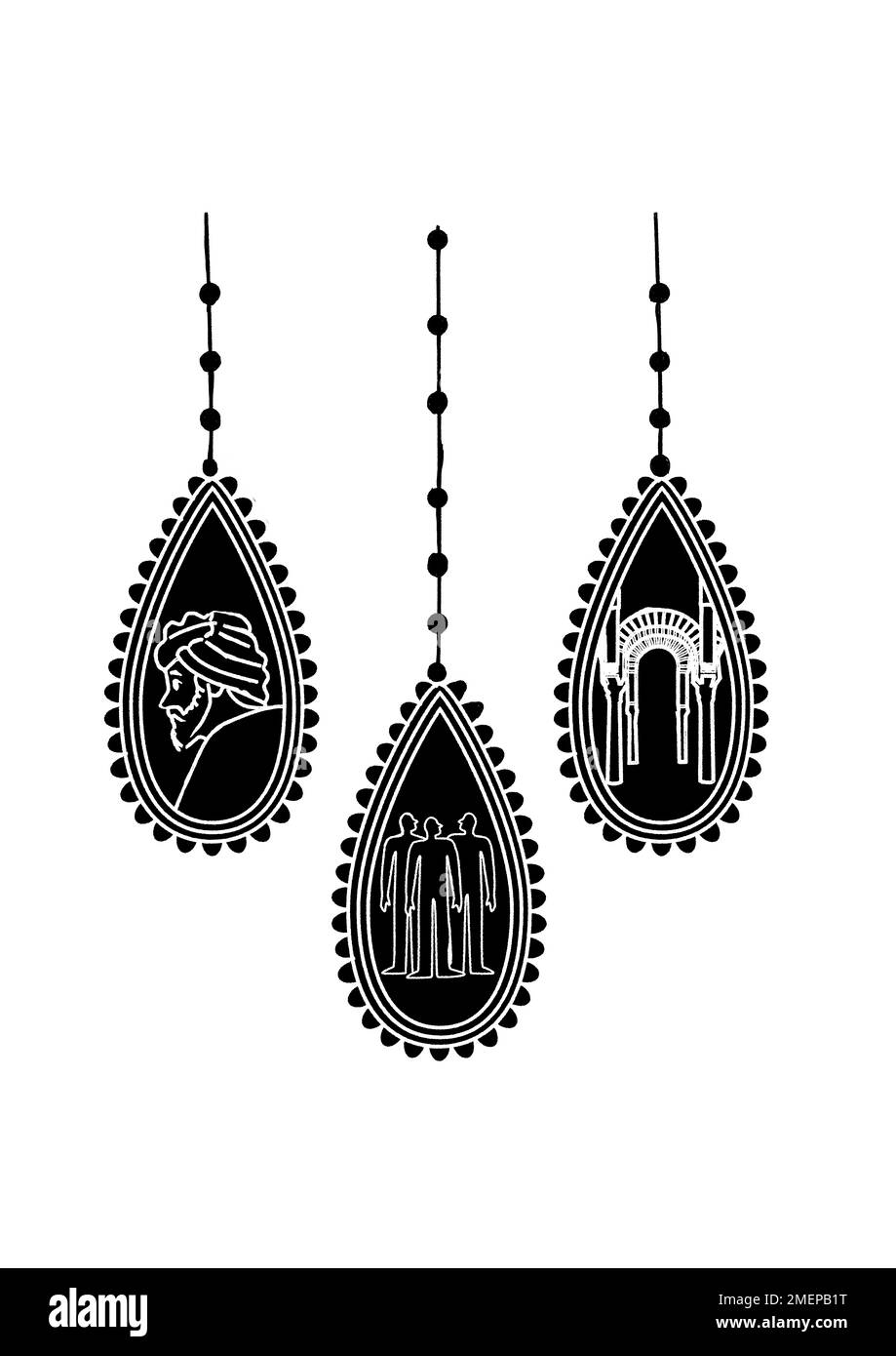 Illustrazione di tre gioielli che cadono con illustrazioni al loro interno. Foto Stock