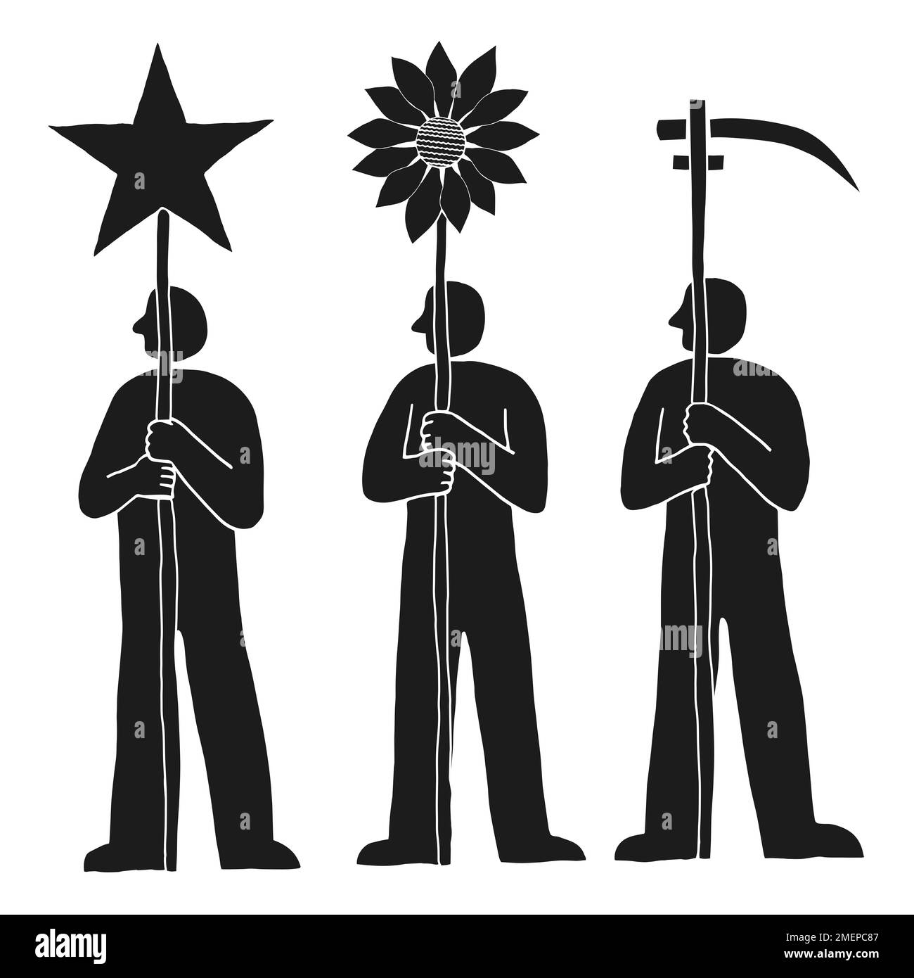 Illustrazione in bianco e nero di tre uomini che detengono simboli di credenze concorrenti: Confucianesimo, Daoismo e legalismo Foto Stock