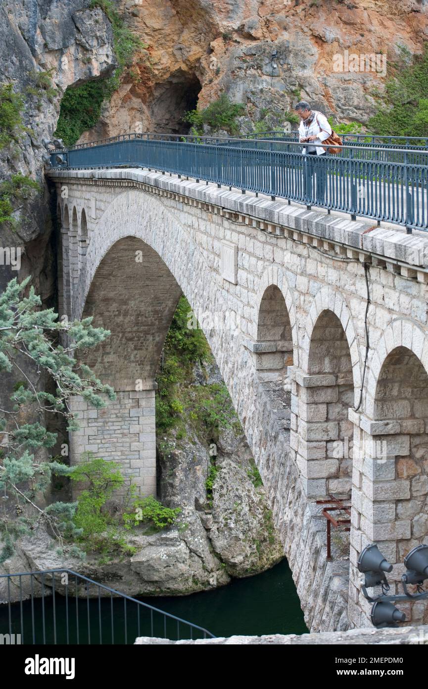 Francia, Languedoc-Roussillon, Lozere, Sainte-Enimie, ponte sul fiume Tarn Foto Stock