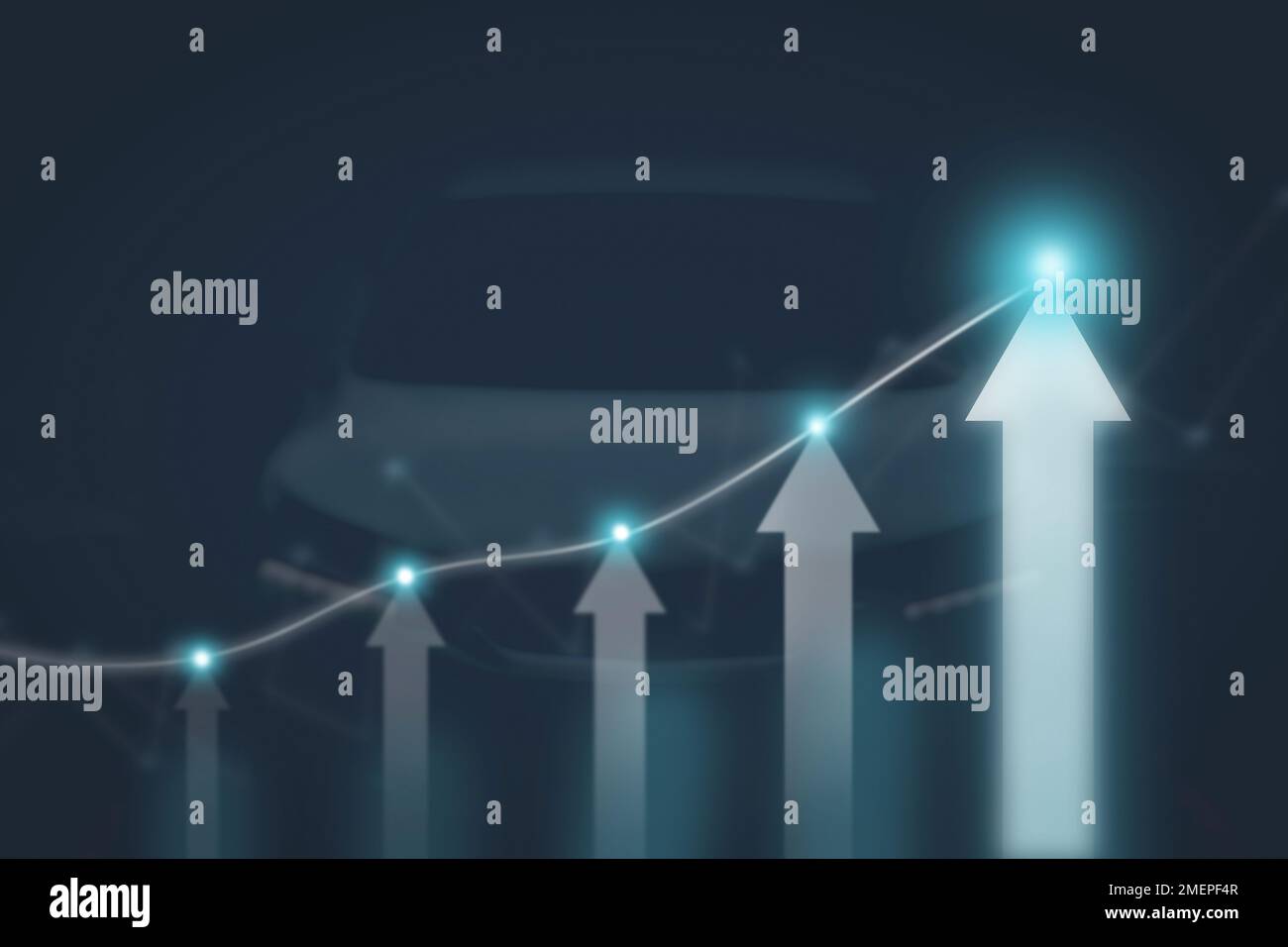 Il grafico a freccia del futuro del settore automobilistico piano di crescita con punti di luce e veicolo sfocato sullo sfondo, Automotive business Concept Foto Stock