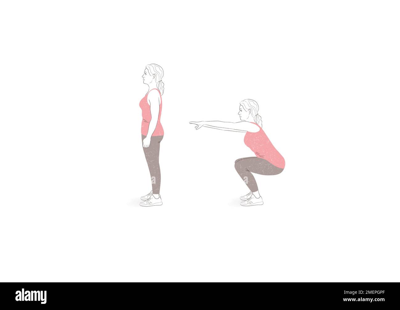 Menopausa naturale; mano disegnata illustrazione donna esercizio peso corporeo squat Foto Stock
