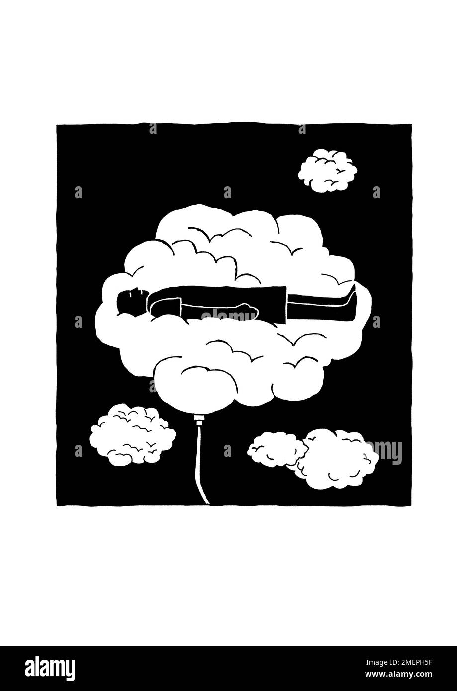 Persona distesa su una grande nuvola collegata a un tubo con nuvole più piccole intorno ad esso Foto Stock
