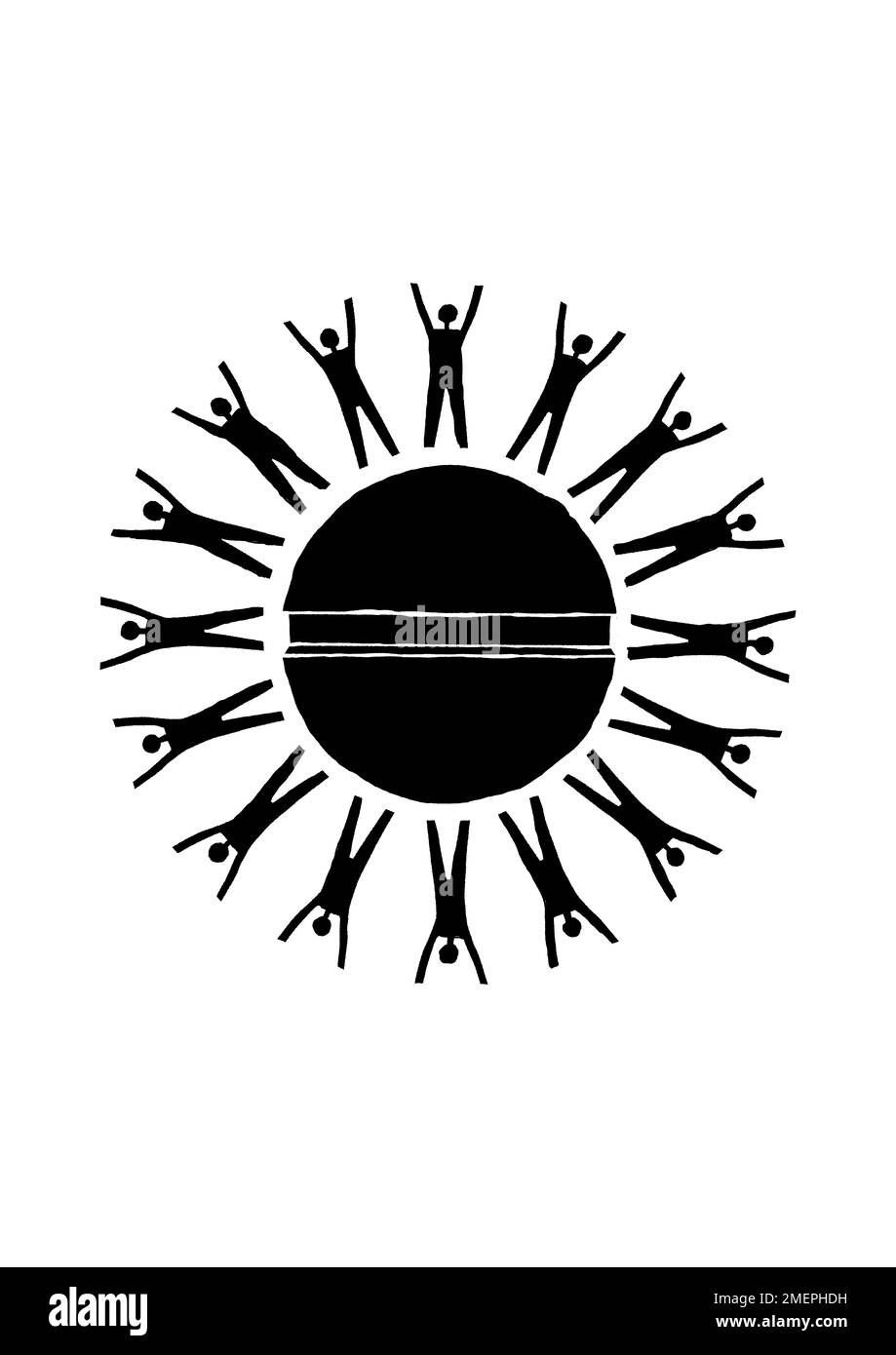 Anello di esseri umani con le braccia in su nell'aria intorno ad una pillola Foto Stock