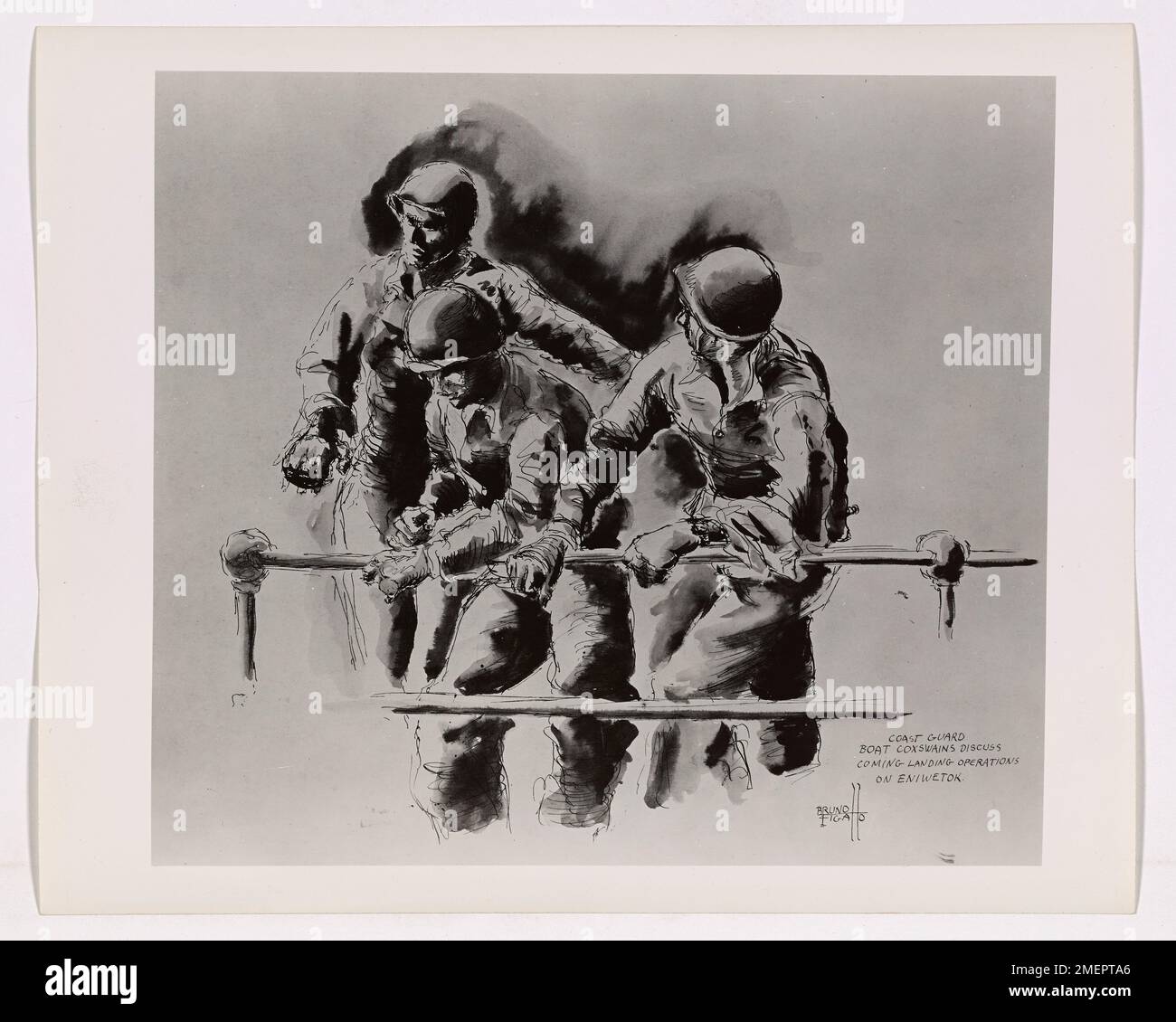 Questa opera d'arte dell'artista di combattimento della Guardia Costiera Bruno Figallo raffigura le guardie costiere che discutono dell'imminente operazione di sbarco su Eniwetok. L'immagine illustra la pianificazione strategica e i preparativi coinvolti nell'invasione dell'isola del Pacifico. Foto Stock