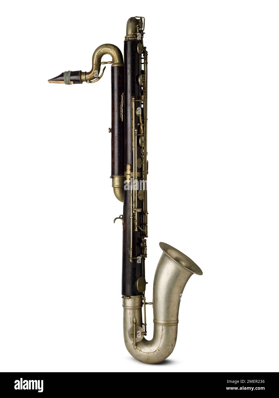 Clarinetto contrabbasso in b piano, sistema semplice, azione coperta senza brille, realizzato da Fontaine-Besson, Londra, Inghilterra, post-1890 Foto Stock