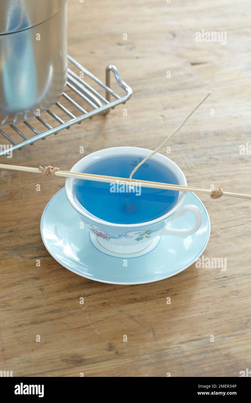 Cera blu che asciuga nella tazza, supporto stoppino che tiene lo stoppino diritto e in posizione (che fa le candele della tazza) Foto Stock