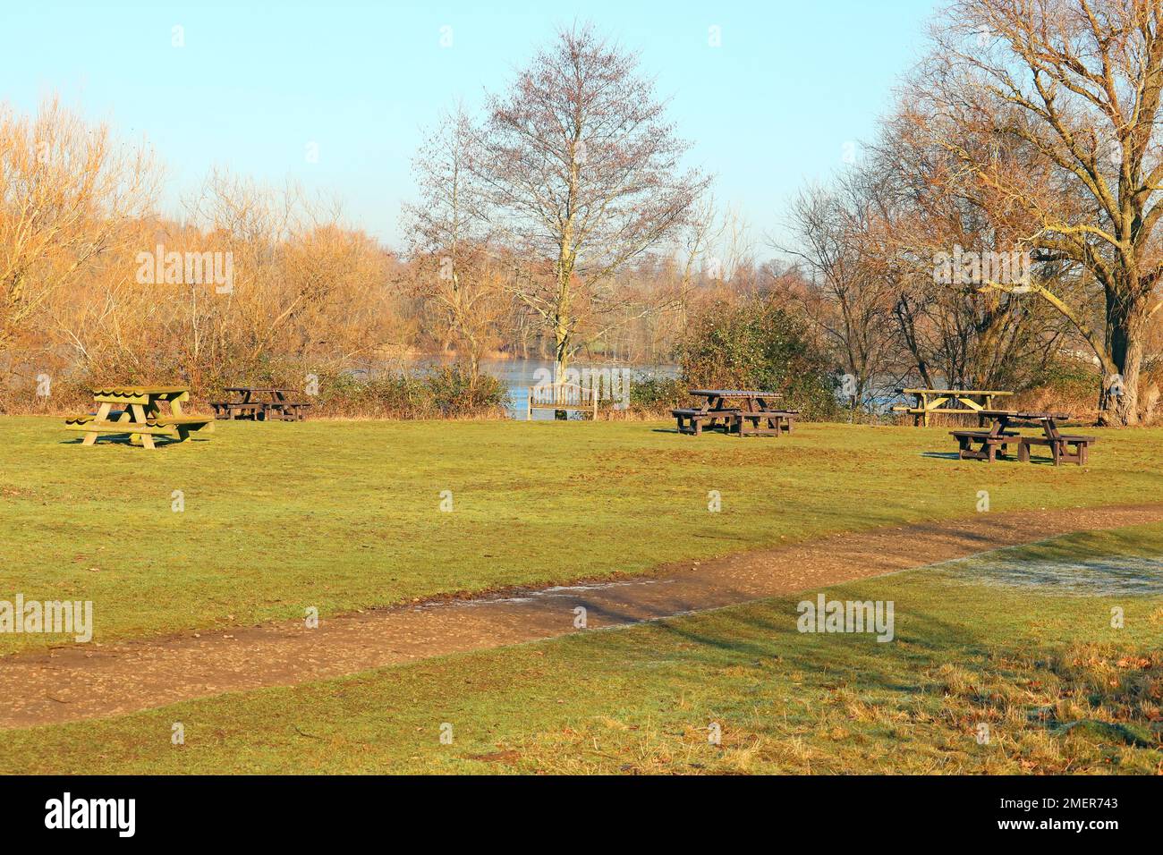 Area picnic in un parco. Molte panchine in legno in un parco per il pubblico per godersi picnic sul lago. Foto Stock
