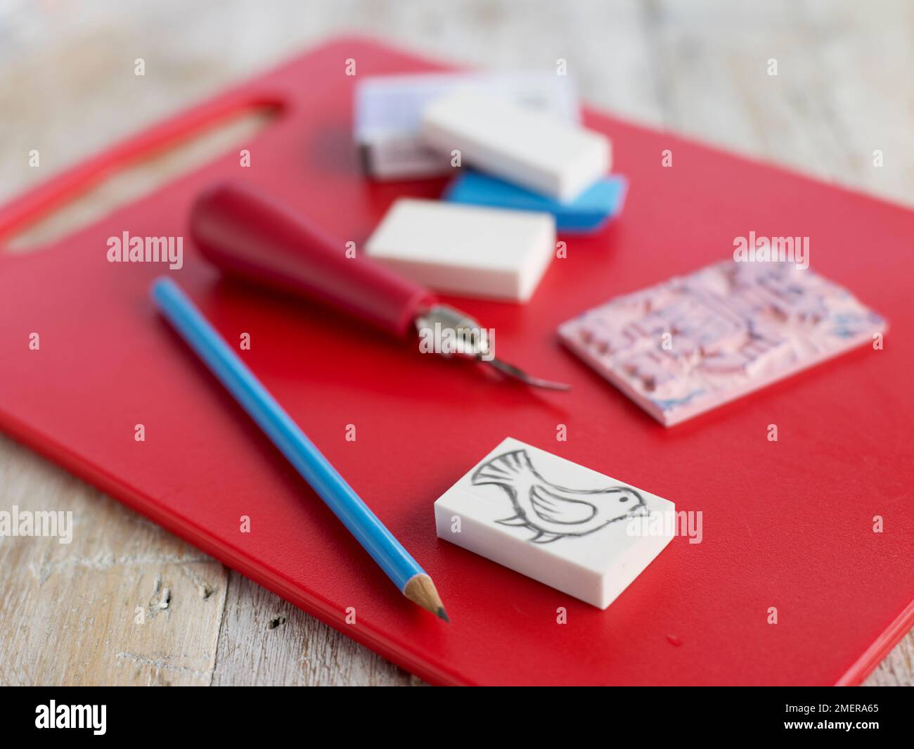 Fare un francobollo di uccello, tagliando lungo il contorno su blocco di schiuma Foto Stock