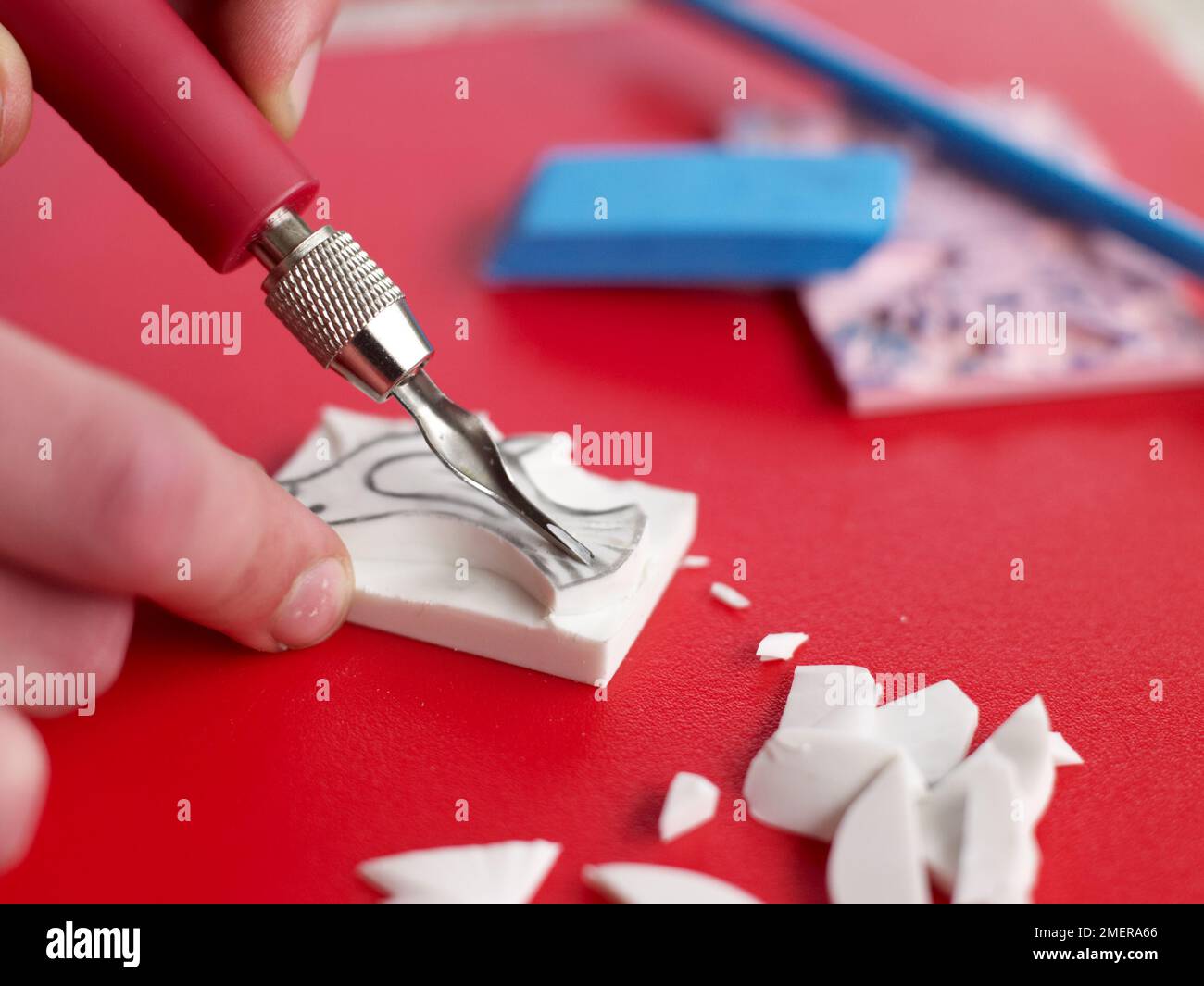 Fare un francobollo di uccello, tagliando lungo il contorno su blocco di schiuma Foto Stock