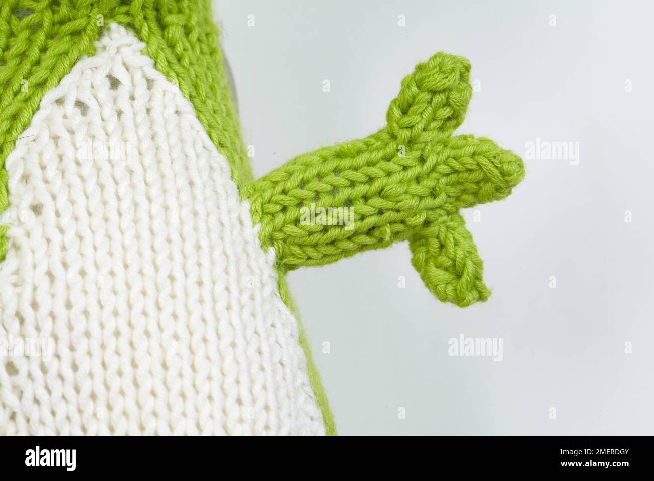 Primo piano del piede di un giocattolo di dinosauro lavorato a maglia Foto Stock