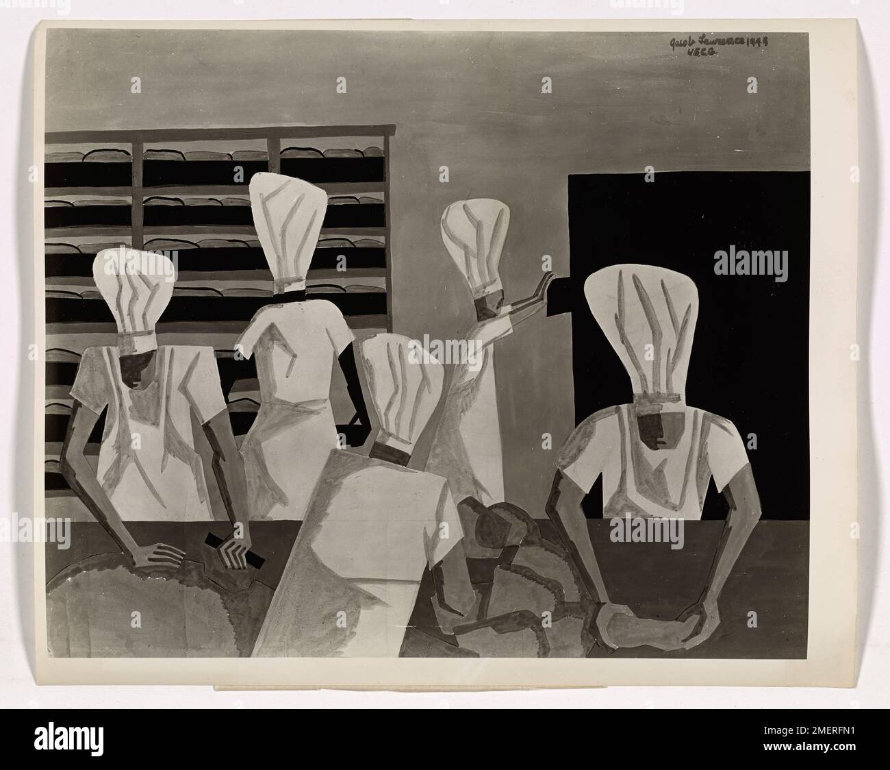 Questa immagine raffigura i fornai che lavorano a bordo di un trasporto con equipaggio della Guardia Costiera. L'opera d'arte, dipinta dall'artista di combattimento della Guardia Costiera Jacob A. Lawrence, mostra le attività quotidiane dei panettieri che fornivano cibo ai militari durante la guerra. Il loro lavoro fu cruciale nel sostenere le truppe durante lunghi dispiegamenti. Foto Stock