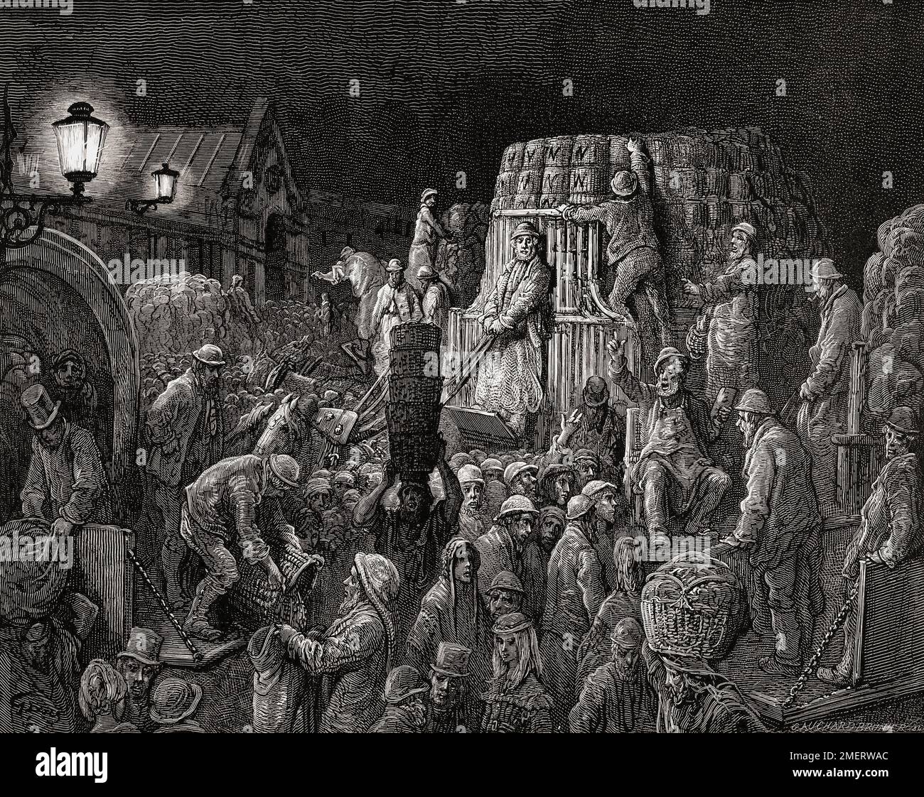 Portare le merci a Covent Garden, Londra, la mattina presto. 19th ° secolo. Dopo un'illustrazione di Gustave Doré nell'edizione americana di Londra del 1890: Un pellegrinaggio scritto da Blanchard Jerrold e illustrato da Gustave Doré. Foto Stock