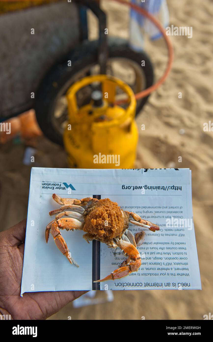 Spiaggia di Negombo, Sri Lanka, Provincia Occidentale, cibo di strada, granchio fritto sulla carta Foto Stock
