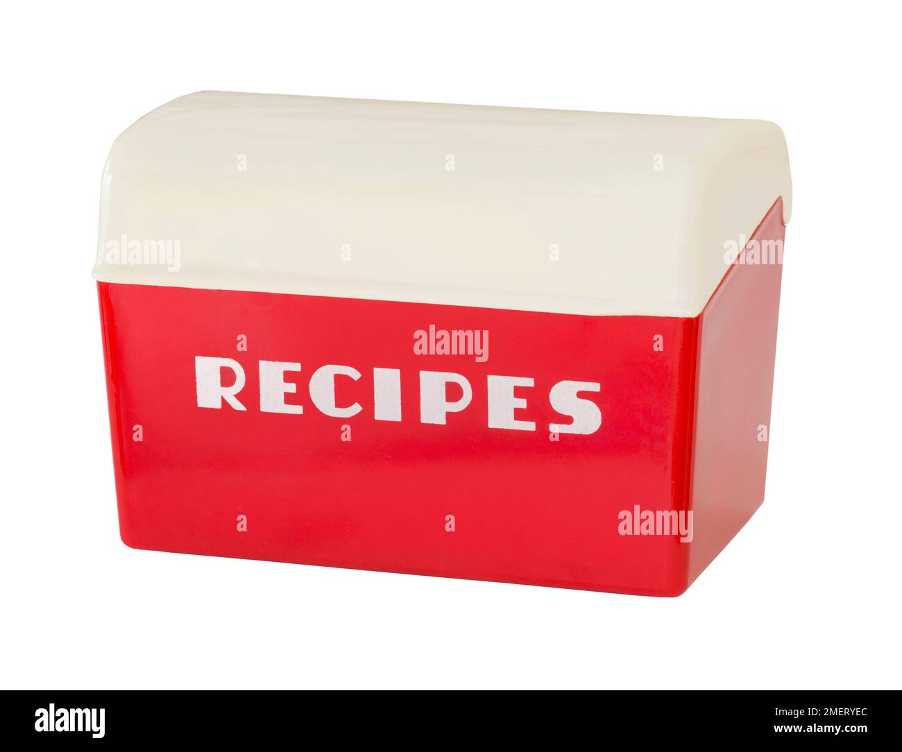 1950s vintage metà secolo moderno rosso e bianco scatola di ricette in plastica lustrware per la raccolta di ricette di famiglia Foto Stock