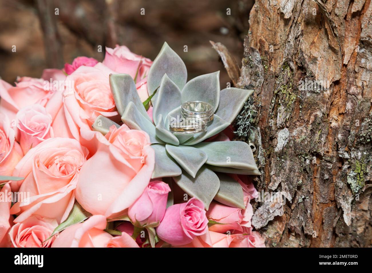 Anelli di nozze sulla Bride di Bouquet. Foto Stock