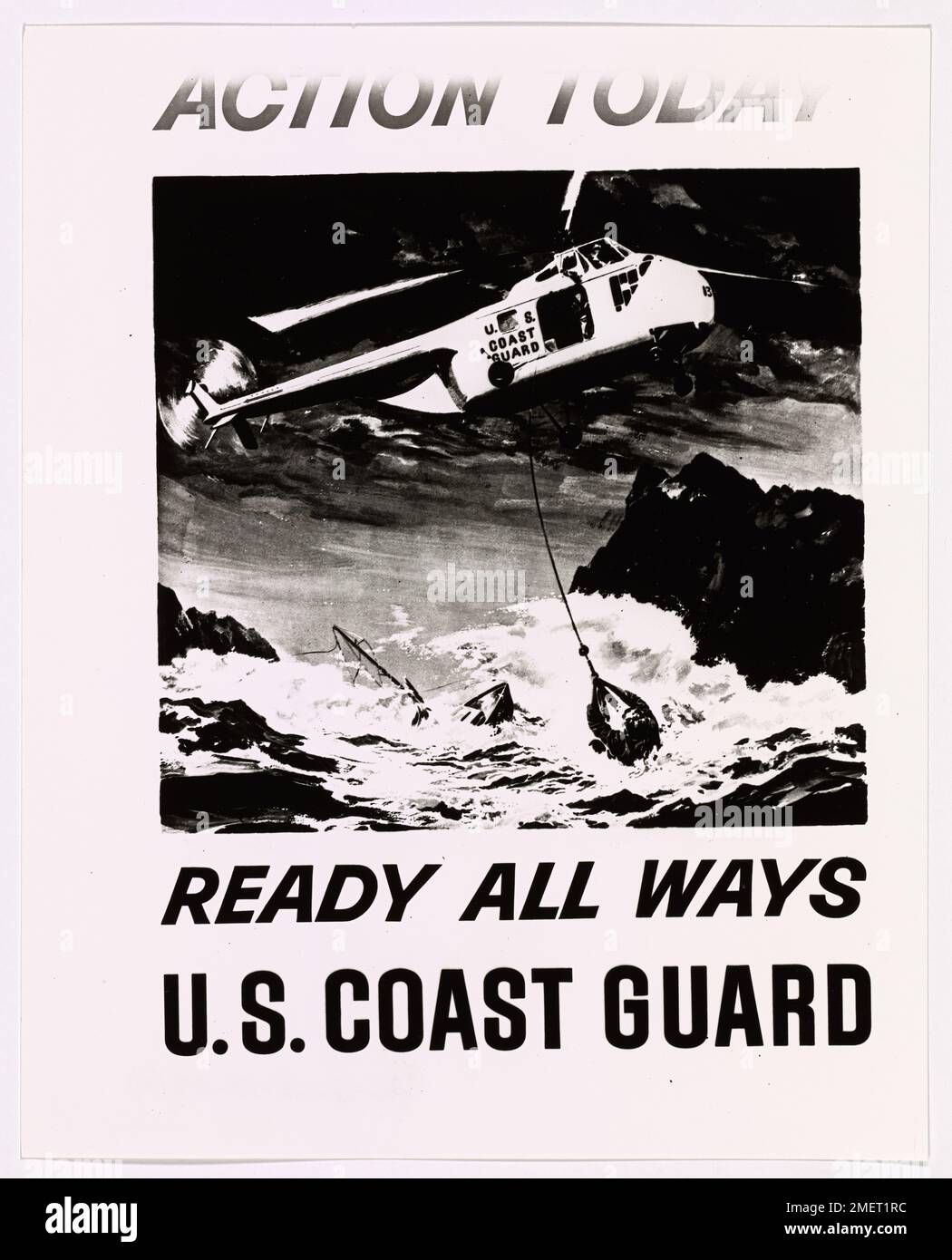 Questo poster di reclutamento della Guardia Costiera mette in evidenza la disponibilità e l'impegno della Guardia Costiera degli Stati Uniti a servire in qualsiasi situazione di combattimento. L'immagine promuove l'arruolamento durante la seconda guerra mondiale, mostrando i diversi ruoli della Guardia Costiera. Foto Stock