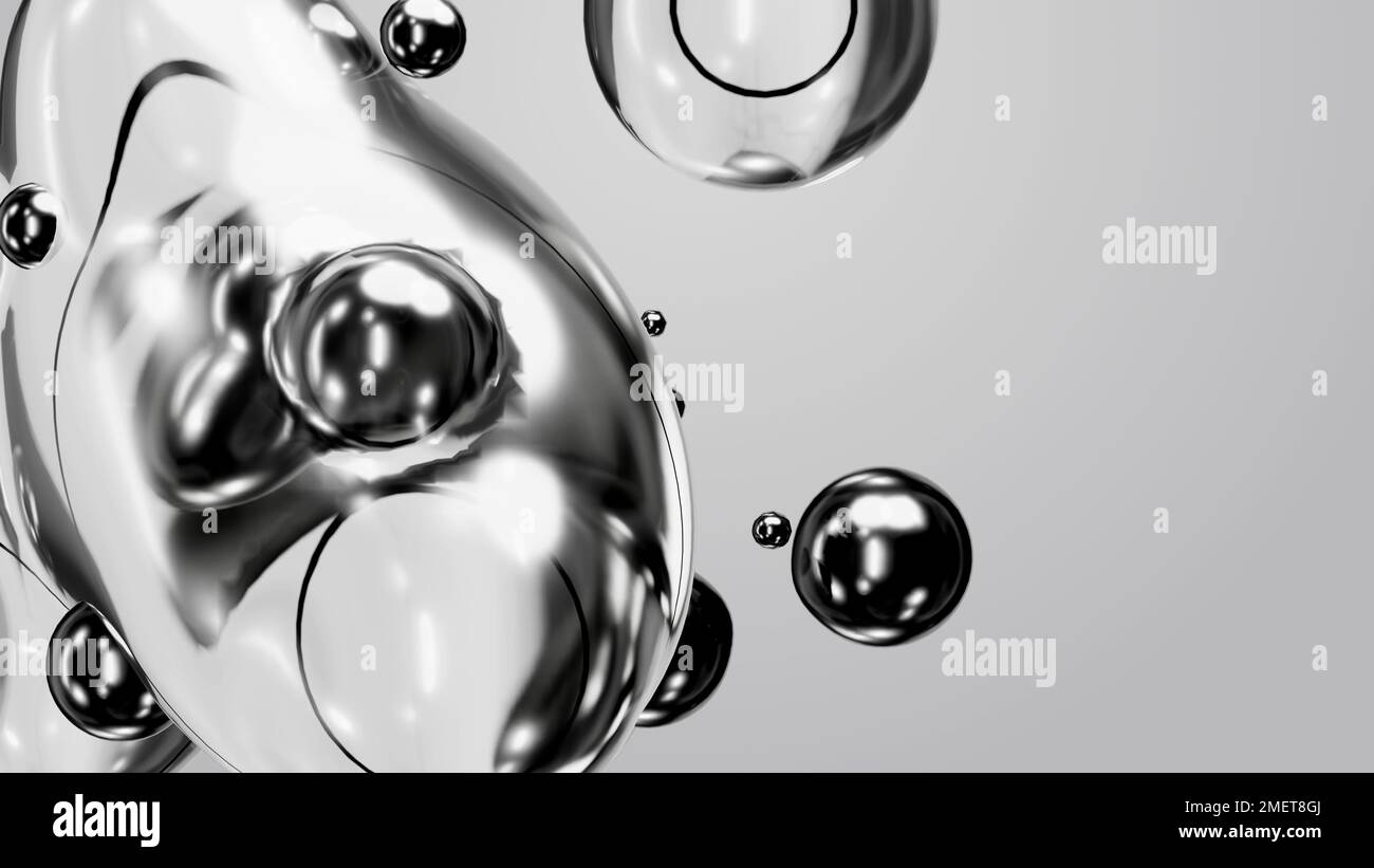 3d rendering motion design wallpaper animazione business presentazione monocromatico grigio bianco metaball grigio liquido acqua saponata mercurio bolla metasphere Foto Stock