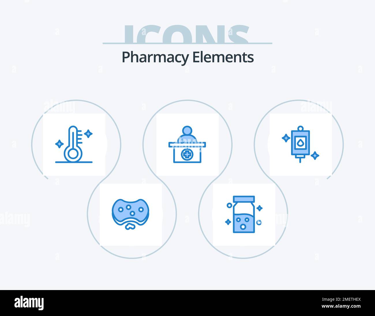 Elementi farmacia Blue Icon Pack 5 Icon Design. borsa. addetto alla reception. medico. reception. meteo Illustrazione Vettoriale