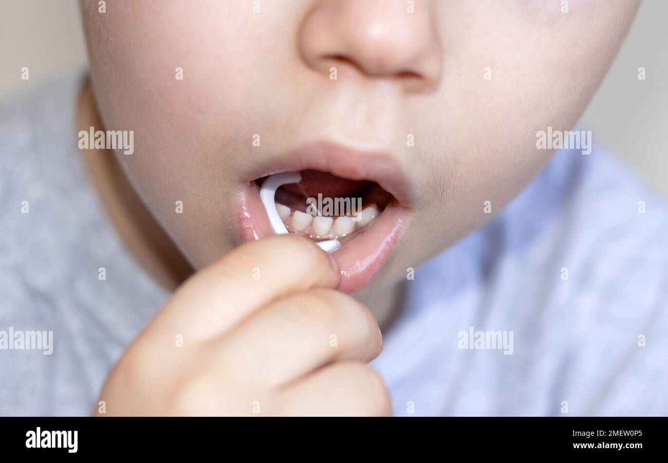 igiene orale quotidiana igiene.donne o bambini utilizzando filo interdentale stuzzicadenti o spazzolino elettrico Foto Stock