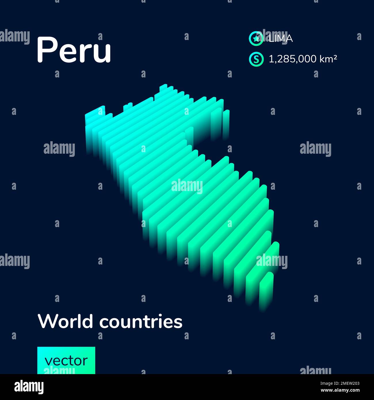 Mappa del Perù 3D. Mappa vettoriale a strisce isometriche al neon stilizzata in colori verdi su sfondo blu scuro Illustrazione Vettoriale