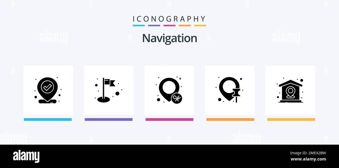 Navigazione Glyph 5 pacchetto icone con mappa. casa. ristorante. perno. posizione. Icone creative Design Illustrazione Vettoriale
