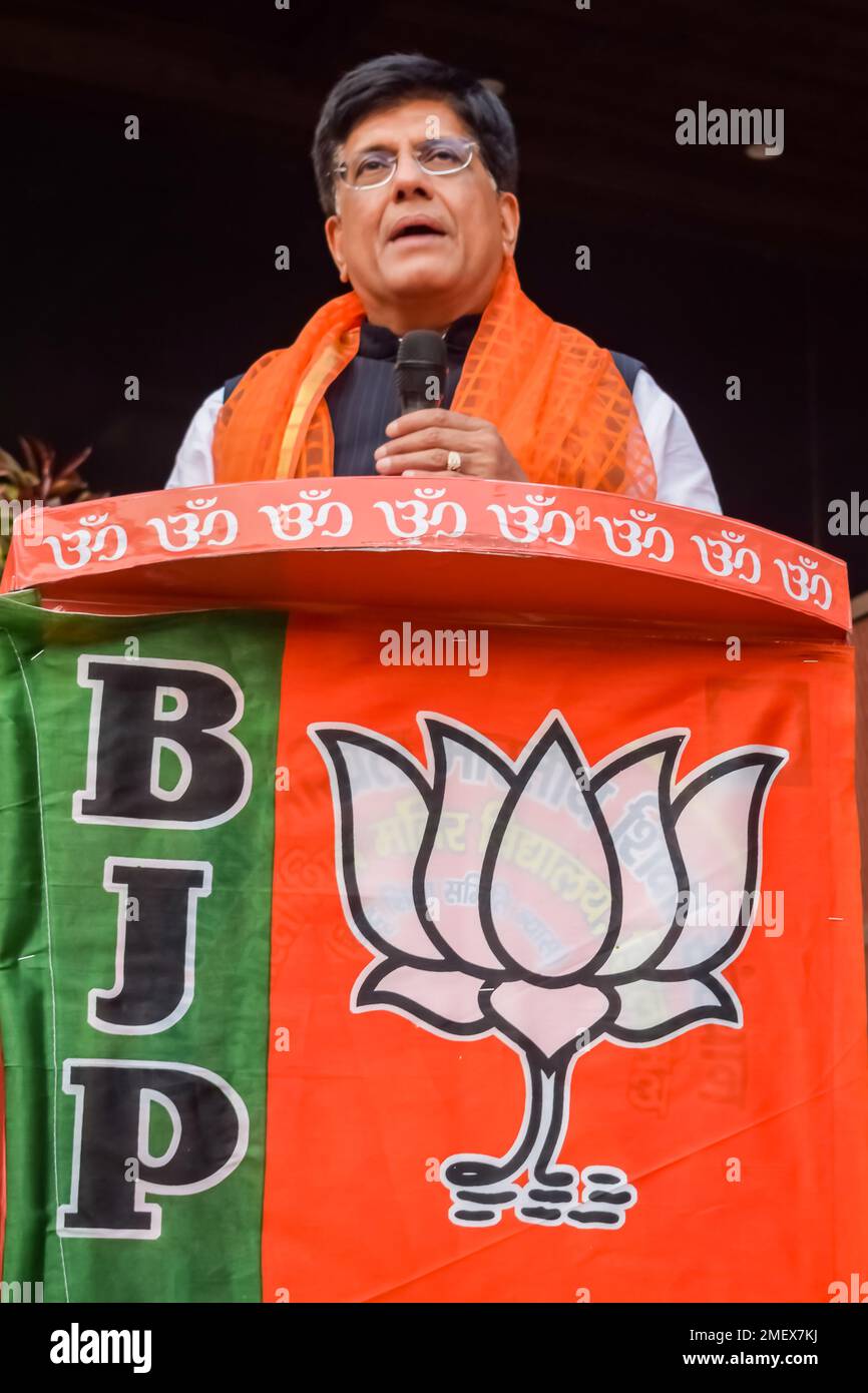 New Delhi, India - 27 2022 novembre - Piyush Goyal Gabinetto Ministro e membro centrale del Bharatiya Janata Party (BJP) durante un rally a sostegno del BJP c Foto Stock