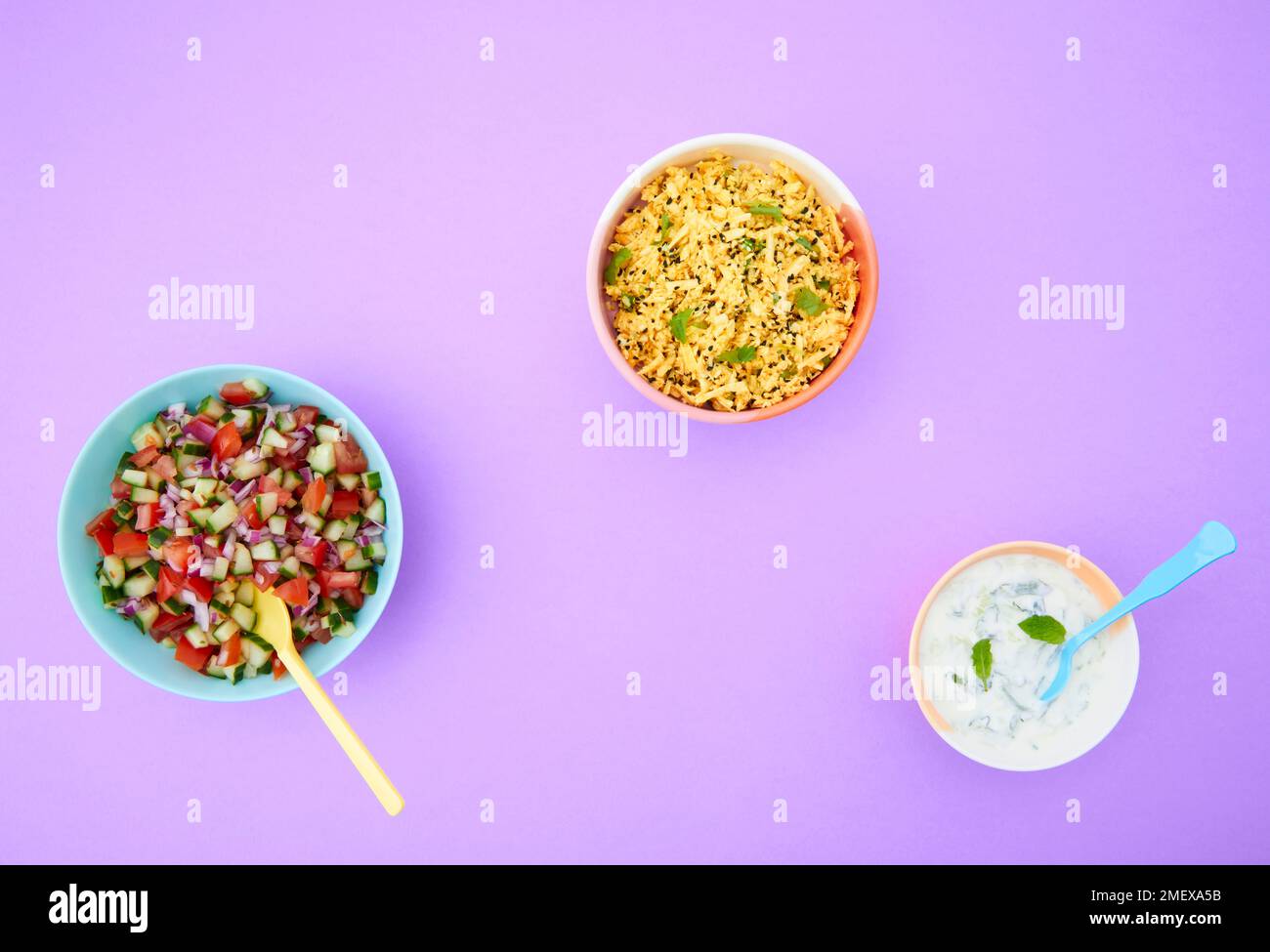 Selezione di snack di vari piatti, raita, paneer grattugiato e insalata di pomodoro Foto Stock